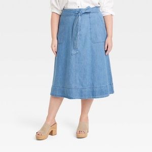 Women's Tie-Front Midi Jean Skirt Universal Thread Blue Denim Size 17, Plus Size